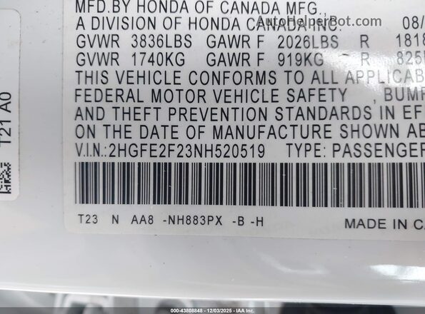2HGFE2F23NH520519 2022 HONDA CIVIC White ძრავის განყოფილების ხედი