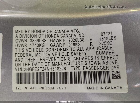 2HGFE2F24NH518228 2022 HONDA CIVIC Silver Engine compartment view