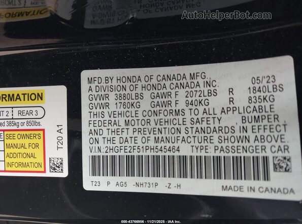 2HGFE2F51PH545464 2023 HONDA CIVIC Black Vista del compartimento del motor