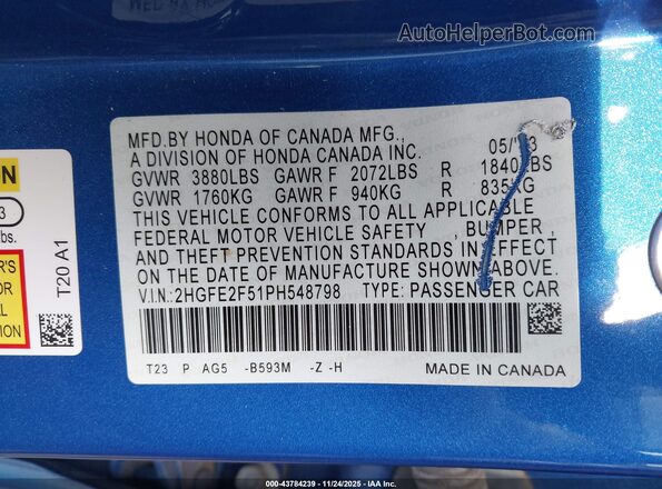 2HGFE2F51PH548798 2023 HONDA CIVIC Blue 