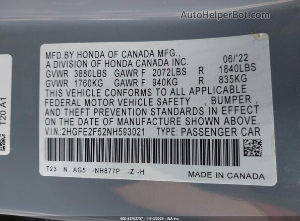 2HGFE2F52NH593021 2022 HONDA CIVIC Серый Вид подкапотного пространства