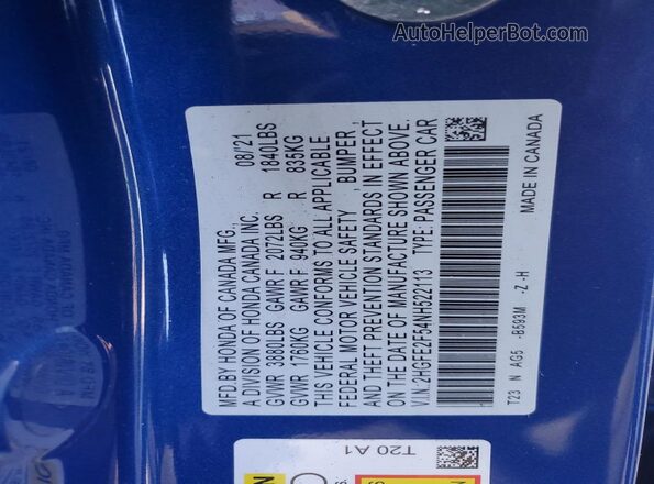 2HGFE2F54NH522113 2022 HONDA CIVIC Blue Engine compartment view