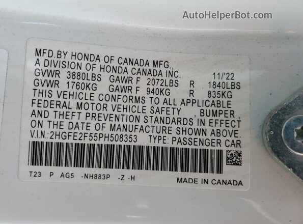 2HGFE2F55PH508353 2023 HONDA CIVIC White Вид підкапотного простору