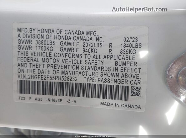2HGFE2F55PH528232 2023 HONDA CIVIC White Engine compartment view