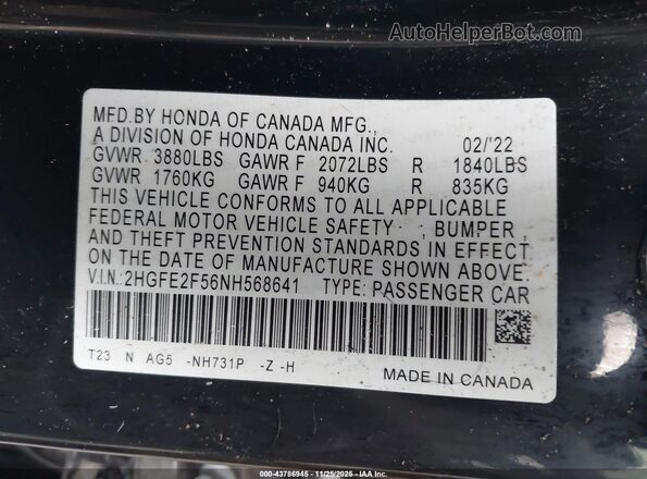 2HGFE2F56NH568641 2022 HONDA CIVIC Black Вид підкапотного простору