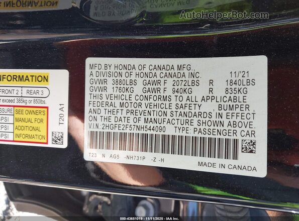 2HGFE2F57NH544090 2022 HONDA CIVIC Black ძრავის განყოფილების ხედი