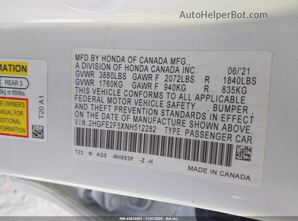 2HGFE2F5XNH512282 2022 HONDA CIVIC White ძრავის განყოფილების ხედი
