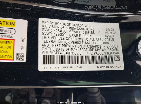 2HGFE4F84SH333575 2025 HONDA CIVIC HYBRID Black 