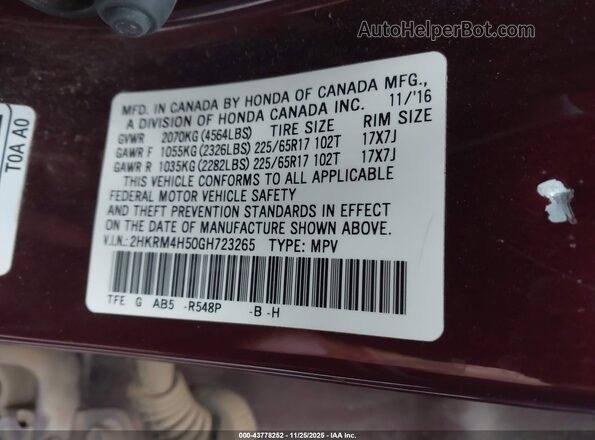 2HKRM4H50GH723265 2016 HONDA CR-V Бордовый 