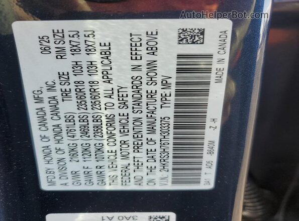 2HKRS3H76TH303375 2026 HONDA CR-V Blue Vista de la etiqueta del VIN