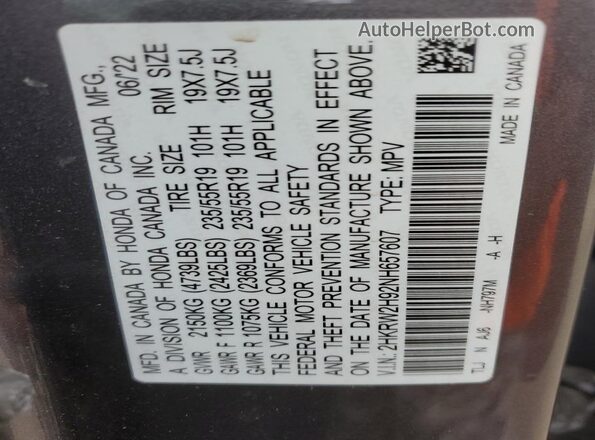 2HKRW2H92NH657607 2022 HONDA CR-V Gray Widok naklejki z numerem VIN