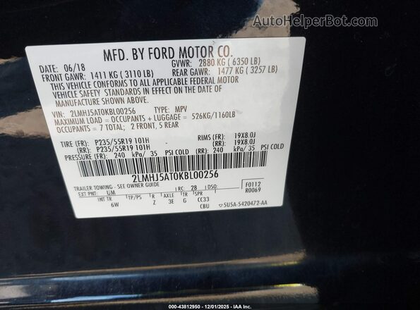 2LMHJ5AT0KBL00256 2019 LINCOLN MKT Black Вид підкапотного простору