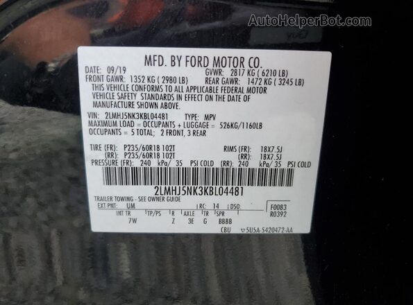 2LMHJ5NK3KBL04481 2019 LINCOLN MKT Black Вид наклейки з VIN-кодом