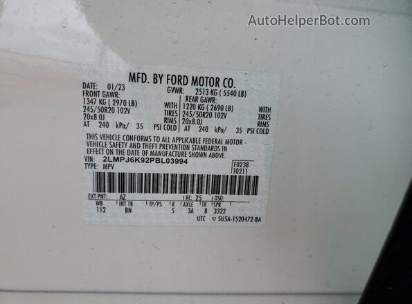 2LMPJ6K92PBL03994 2023 LINCOLN NAUTILUS White 