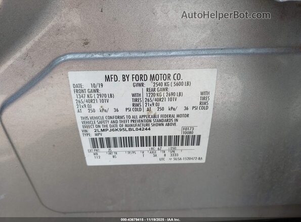 2LMPJ6K95LBL04244 2020 LINCOLN NAUTILUS Silver Вид підкапотного простору
