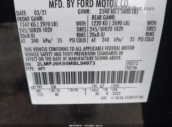 2LMPJ6K95MBL04973 2021 LINCOLN NAUTILUS Black Вид підкапотного простору