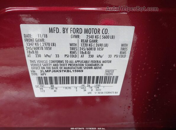 2LMPJ6K97KBL15969 2019 LINCOLN NAUTILUS Red Engine compartment view