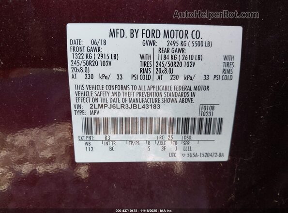 2LMPJ6LR3JBL43183 2018 LINCOLN MKX Burgundy 