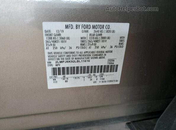 2LMPJ8K92LBL11616 2020 LINCOLN NAUTILUS Tan Widok naklejki z numerem VIN
