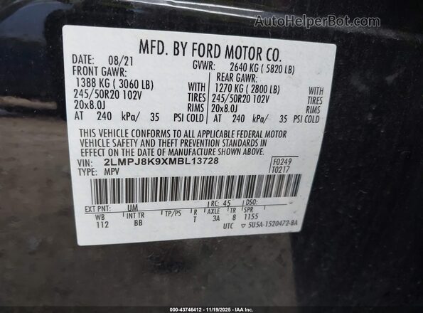 2LMPJ8K9XMBL13728 2021 LINCOLN NAUTILUS Black ძრავის განყოფილების ხედი