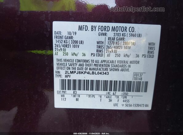 2LMPJ8KP4LBL04343 2020 LINCOLN NAUTILUS Burgundy Вид підкапотного простору