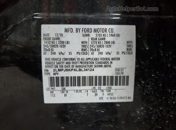 2LMPJ8KPXLBL34124 2020 LINCOLN NAUTILUS Black VIN sticker view