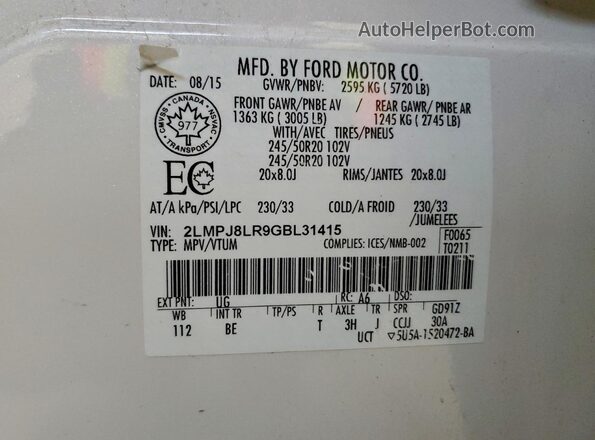 2LMPJ8LR9GBL31415 2016 LINCOLN MKX White VIN sticker view