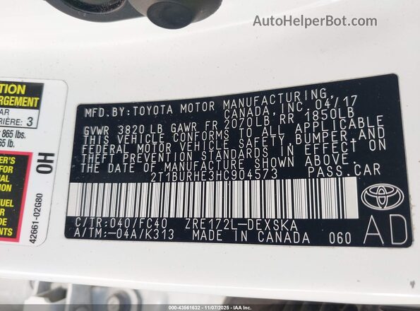2T1BURHE3HC904573 2017 TOYOTA LL White ძრავის განყოფილების ხედი
