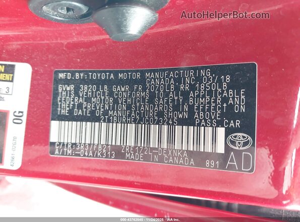 2T1BURHE7JC073245 2018 TOYOTA LL Red Вид підкапотного простору