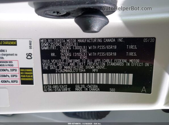 2T2AZMAA0LC171944 2020 LEXUS RX 350 White 