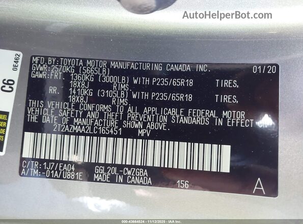 2T2AZMAA2LC165451 2020 LEXUS RX 350 Silver ძრავის განყოფილების ხედი