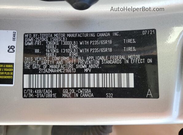 2T2AZMAA4MC216613 2021 LEXUS RX Tan Vista de la etiqueta del VIN