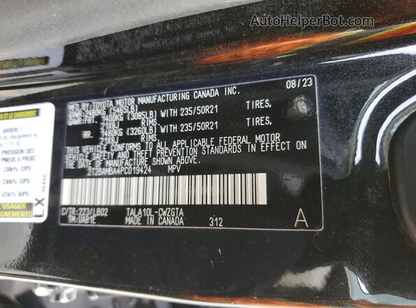 2T2BAMBA4PC019424 2023 LEXUS RX Black VIN კოდის სტიკერის ხედი