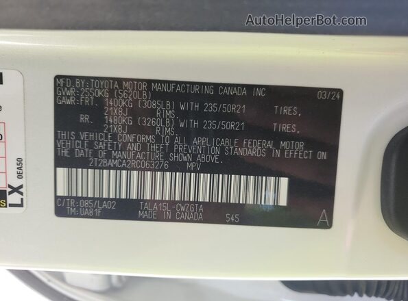 2T2BAMCA2RC063276 2024 LEXUS RX White Вид наклейки з VIN-кодом