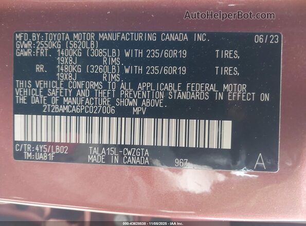 2T2BAMCA6PC027006 2023 LEXUS RX 350 Champagne Vista del compartimento del motor