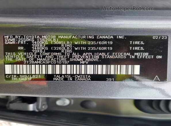 2T2BAMCA9PC010197 2023 LEXUS RX Gray Widok naklejki z numerem VIN