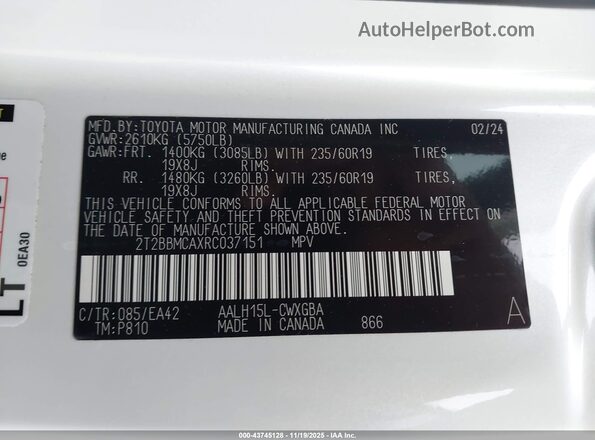 2T2BBMCAXRC037151 2024 LEXUS RX 350H White Vista del compartimento del motor