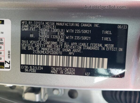 2T2BCMEA2PC008010 2023 LEXUS RX Серебряный Вид наклейки с VIN-кодом