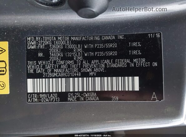 2T2BGMCA8HC010448 2017 LEXUS RX 450H Gray Widok komory silnika