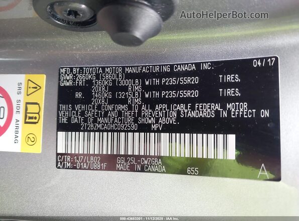 2T2BZMCA0HC092590 2017 LEXUS RX 350 Silver 