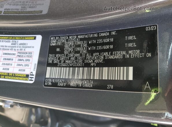 2T2GGCEZ4PC030651 2023 LEXUS NX Gray Widok naklejki z numerem VIN