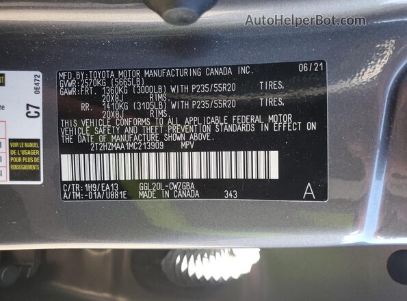 2T2HZMAA1MC213909 2021 LEXUS RX Charcoal Вид наклейки з VIN-кодом