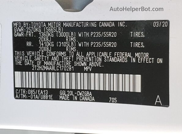 2T2HZMAA8LC170281 2020 LEXUS RX White Widok naklejki z numerem VIN