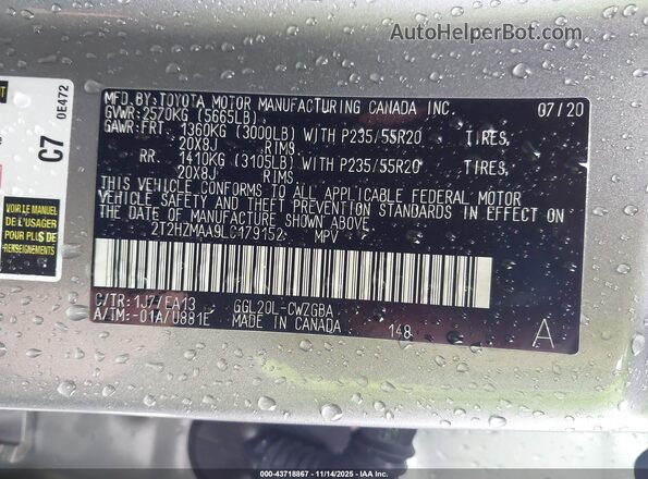 2T2HZMAA9LC179152 2020 LEXUS RX 350 Gray Vista del compartimento del motor
