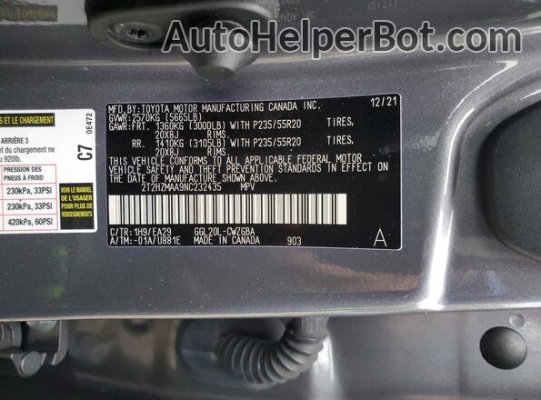 2T2HZMAA9NC232435 2022 LEXUS RX Charcoal Widok naklejki z numerem VIN