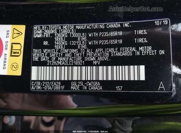 2T2HZMDA2LC218921 2020 LEXUS RX 350 Черный Вид подкапотного пространства
