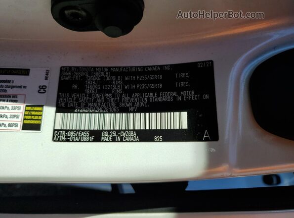 2T2HZMDA2MC281065 2021 LEXUS RX White VIN კოდის სტიკერის ხედი