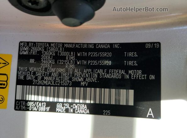 2T2HZMDA3LC215073 2020 LEXUS RX Белый Панорамный вид салона 360°