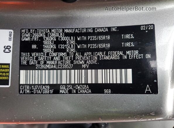 2T2HZMDA4LC239527 2020 LEXUS RX Gray VIN sticker view