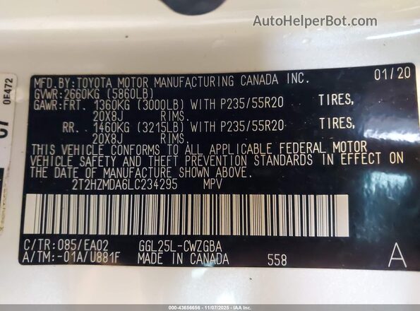 2T2HZMDA6LC234295 2020 LEXUS RX 350 White Շարժիչի բաժամունքի տեսք